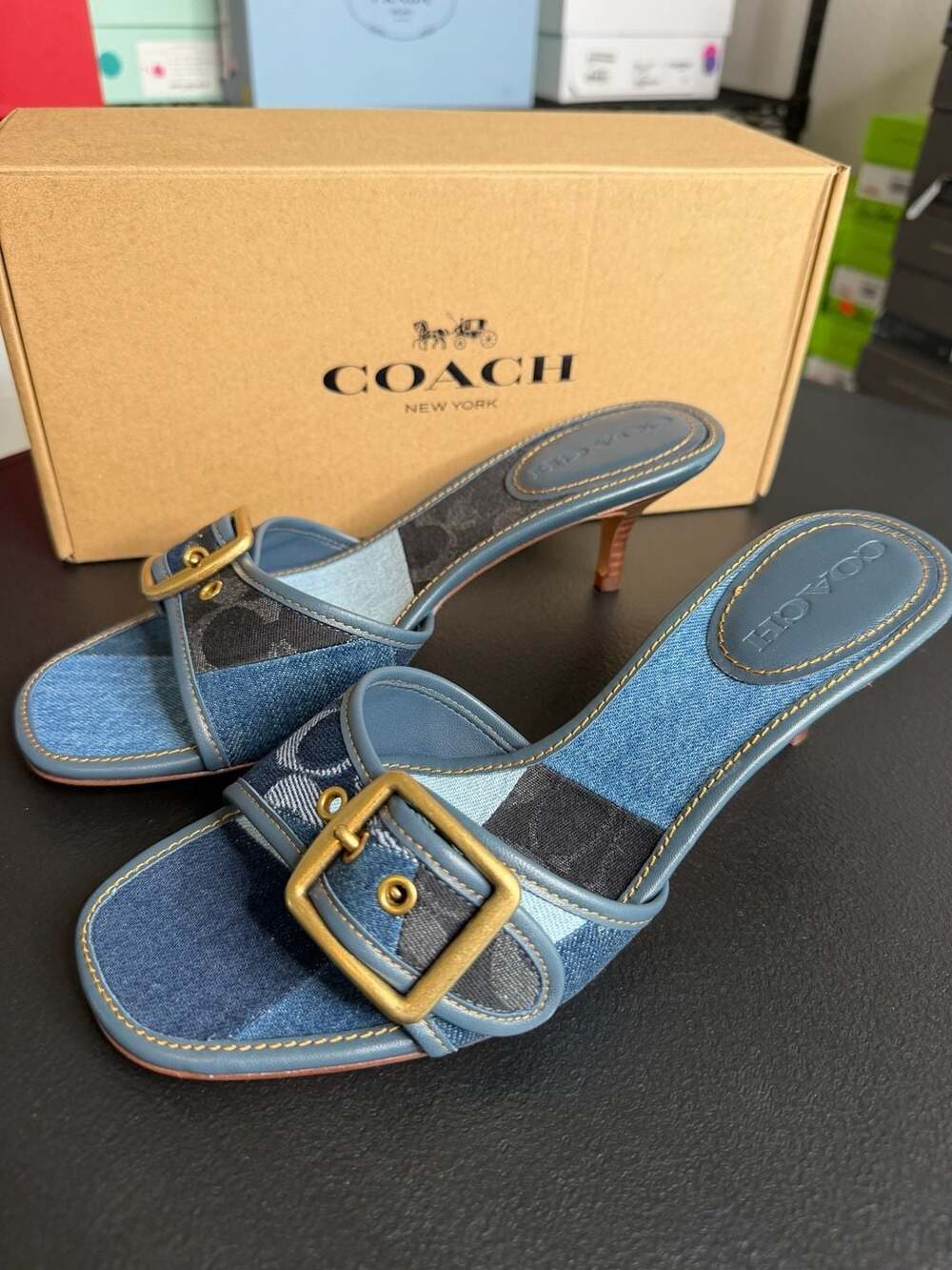 Coach Margot Denim Patchwork Kitten Heel Sandals Blue CEF08 sz 7.5 BNIB $195